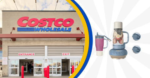 Collage of Costco storefront and a blender product from Ninja