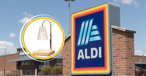 Collage of Aldi's storefront and a candle warmer lamp product