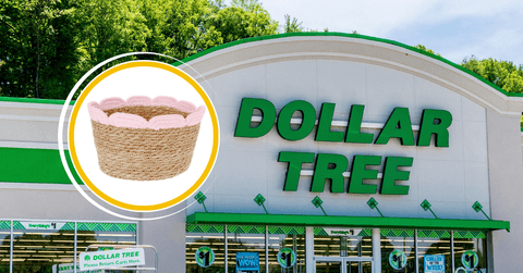 Collage of Dollar Tree storefront and a scalloped rush basket product