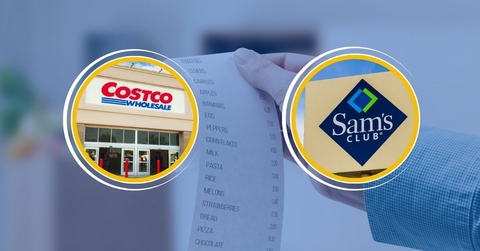 Sam's Club and Costco side by side with grocery receipt background