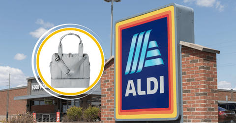 Collage of Aldi's storefront and a weekender bag product