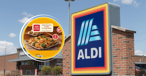 Collage of Aldi storefront and an Asian food product