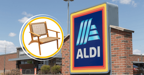 Collage of Aldi's storefront and a patio wood chair product