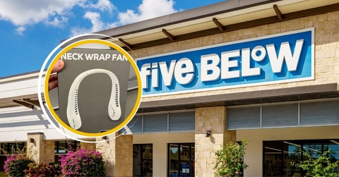 Five Below storefront with neck fan collage