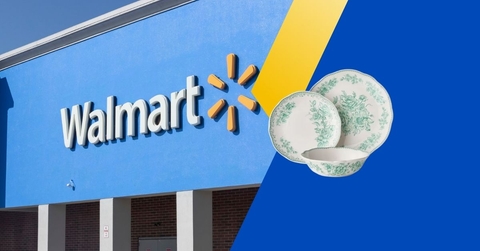 Walmart storefront side by side with floral dinnerware set