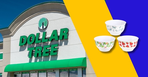 Dollar Tree storefront and melamine serving bowls