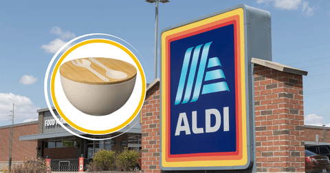 Collage of Aldi storefront logo and a salad bowl product