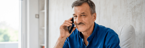 Man in his 60s on cell phone at home