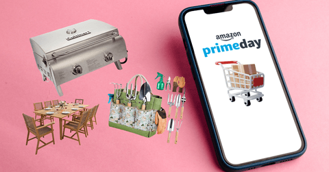 Collage of Amazon PrimeDay screen on the phone and Amazon outdoor products