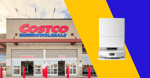 Collage of Costco's store and a robot vacuum product 