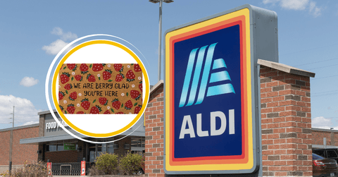 Collage of Aldi's storefront and a coir mat product