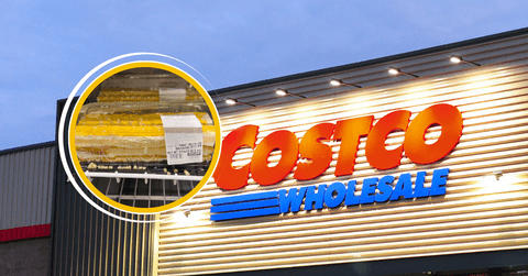 Collage of Costco's storefront and a cake product