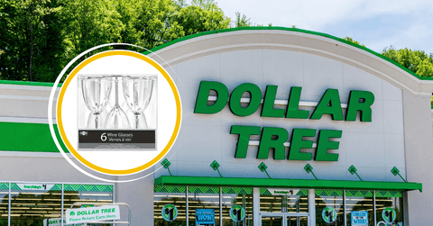 Collage of Dollar Tree storefront and a pack of wine glasses product