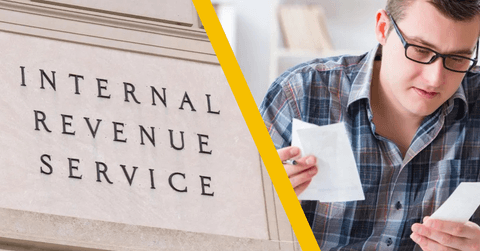 irs sign and man filing taxes