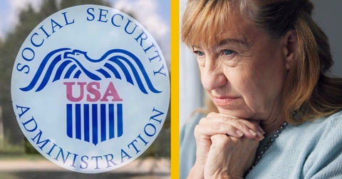 Social Security Administration logo and worried senior woman