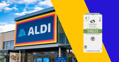 Collage of Aldi storefront and guac product
