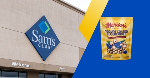 Sam's Club storefront and yogurt coated blueberries