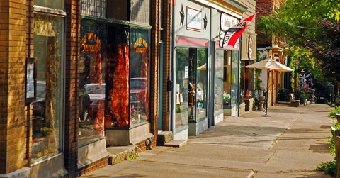 Boutique shops lining a small downtown street