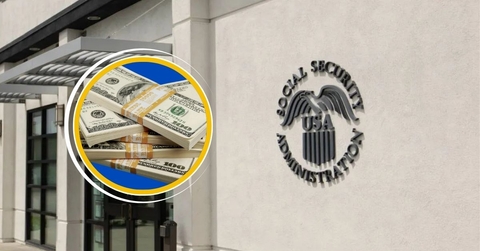 Social Security building with stack of money