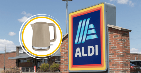 collage of Aldi storefront and an electric kettle product