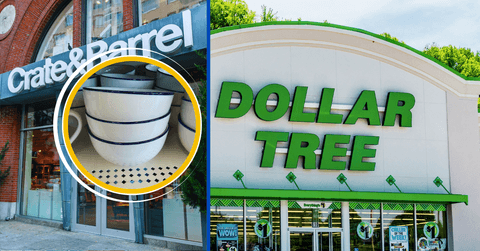 Collage of Crate &amp; Barrel and Dollar Tree storefronts and a stack of ceramic bowls product