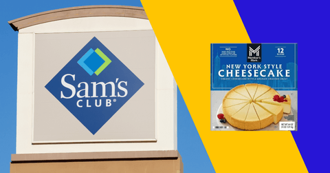 Collage of Sam's Club and a cheesecake product
