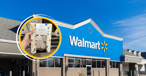 Collage of Walmart storefront and tablecloth product