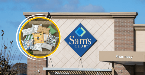 Collage of Sam's Club storefront and a variety of throw pillows product