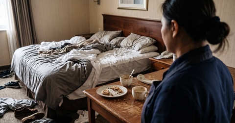 Over the shoulder view of a hotel maid looking at a very messy and dirty hotel room