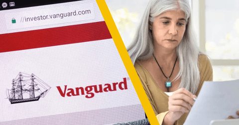 vanguard website and woman reviewing finances