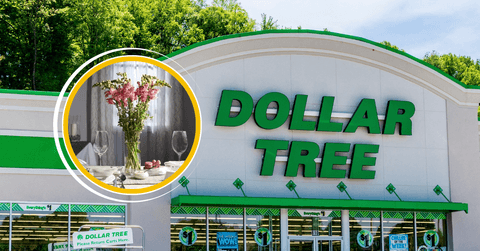 Collage of Dollar Tree storefront and a vase product