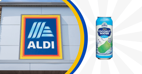 Collage of Aldi storefront and a coconut water product