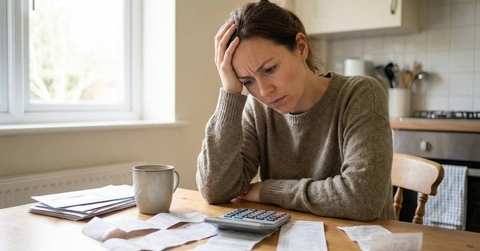 Woman with brown hair sitting at a wooden table, looking stressed while reviewing bills