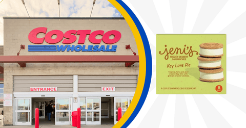 Collage of Costco storefront and a Key Lime Pie ice cream sandwich product