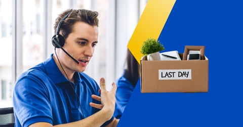 Telephone operator with box of office supplies 