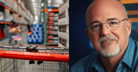 Collage of Costco cart in warehouse and Dave Ramsey generated image
