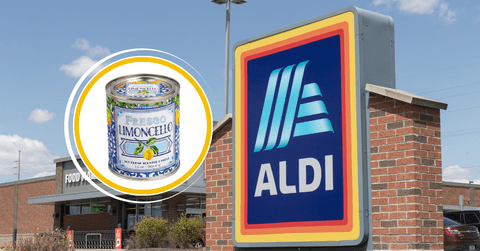 Collage of Aldi's storefront and a vintage tin candle product