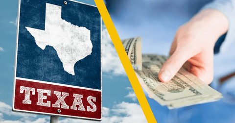 texas road sign and woman counting cash