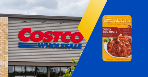 Collage of Costco storefront and an Indian food dish product