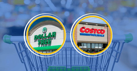 Collage of Dollar Tree and Costco storefront and shopping cart in the back