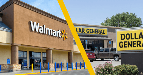 Collage of Walmart and Dollar General storefronts