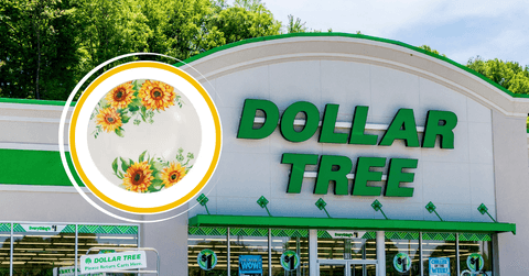 Collage of Dollar Tree store and a sunflower plate product