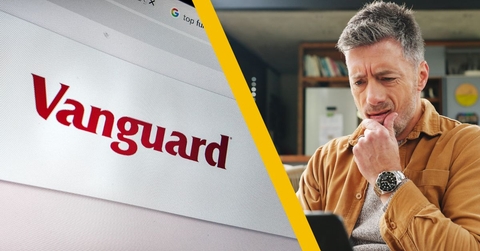 Vanguard webpage and confused man on laptop