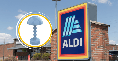 Collage of Aldi storefront and a blue cordless lamp product