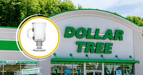 Collage of Dollar Tree storefront and a glass mug product
