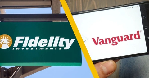 Fidelity Investments sign and Vanguard on mobile phone