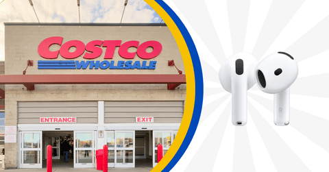 Collage of Costco storefront and a Apple Airpods