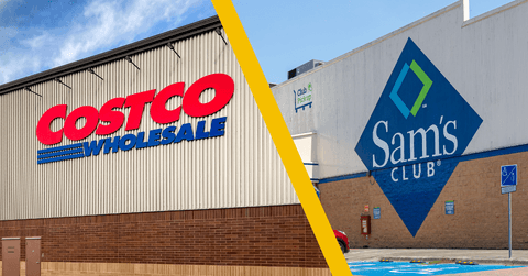 Collage of Costco and Sam's Club logo and storefront