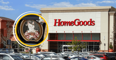 Collage of HomeGoods storefront and a royal cat painting item