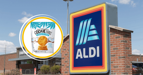 Collage of Aldi storefront and a coconut cookie product